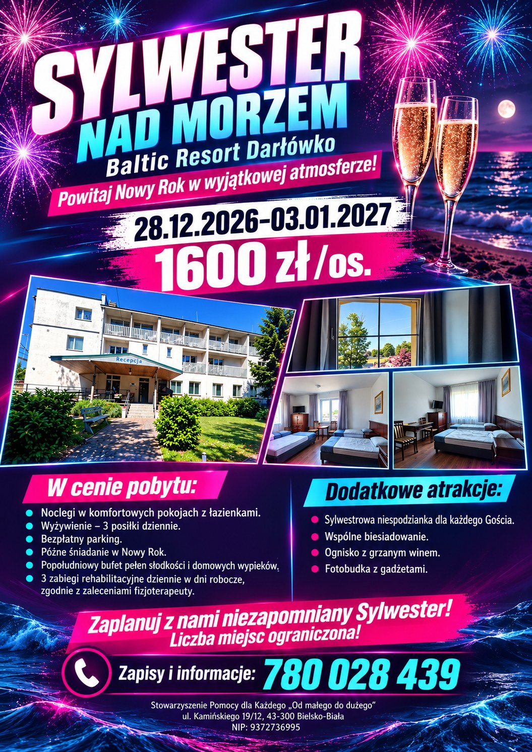 Plakat: Sylwester nad morzem w Baltic Resort Darłówko, 28.12.2026 - 03.01.2027, 1600 zł za osobę, zapisy pod numerem 780 028 439
