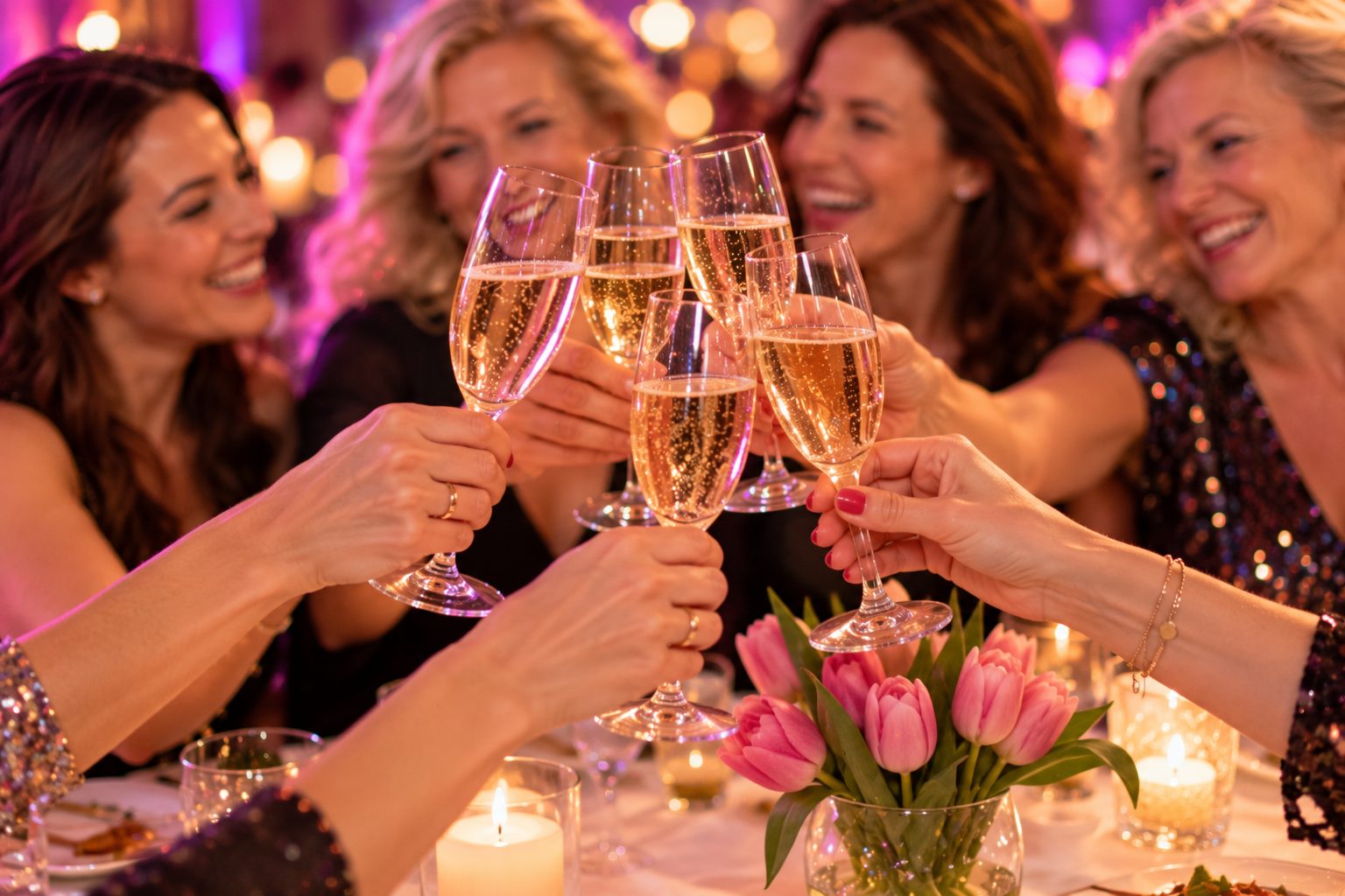 Kobiety wznoszą toast kieliszkami prosecco nad stołem z różowymi tulipanami i świecami