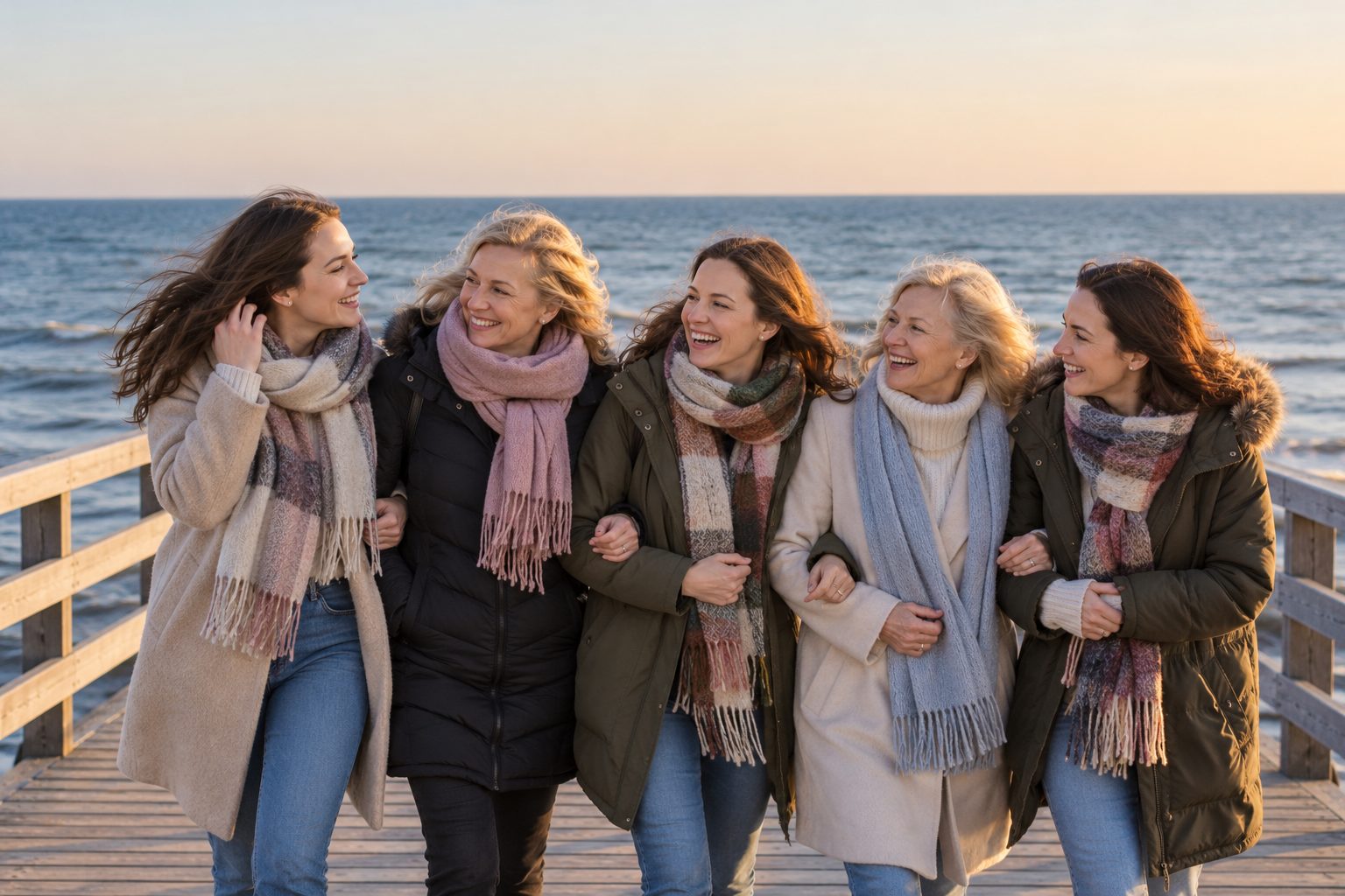 Pięć roześmianych kobiet w ciepłych kurtkach i szalach spaceruje pod rękę po drewnianym molo nad morzem o zachodzie słońca